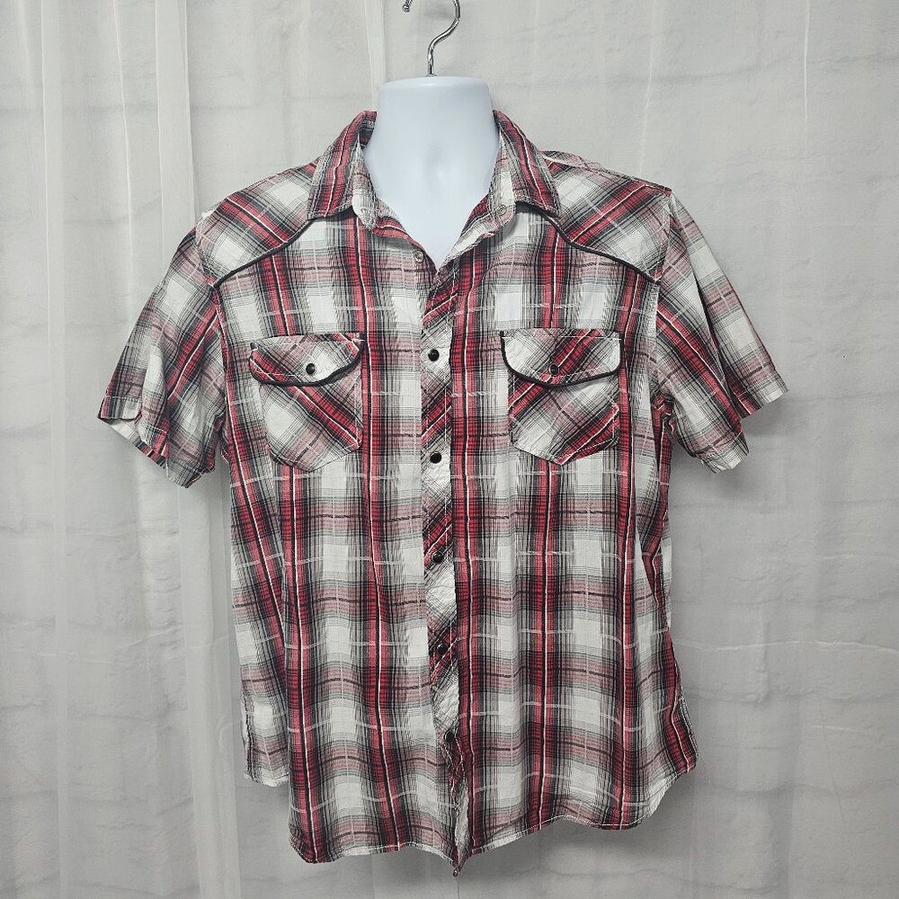 Helix Gray Red Plaid Short Sleeve Pearl Snap Shirt Rock Skater Grunge Western XL